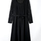 Black Plus Size Sheer Lace Sleeve Belted Ruffle Midi Dress