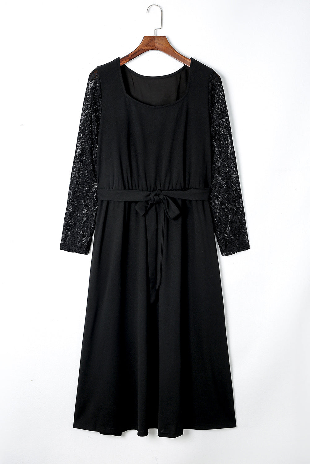 Black Plus Size Sheer Lace Sleeve Belted Ruffle Midi Dress