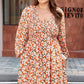 Beige Plus Size Floral Print V Neck Long Sleeve Babydoll Short Dress
