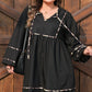 Black Plus Size Long Sleeve Leopard Contrasted Trim Tie Neck Flared Mini Dress