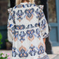 Sky Blue Plus Size Boho Print Split Neck Long Sleeve Mini Dress