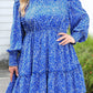 Blue Plus Size Spotted Print Split Neck Ruffle Mini Dress