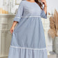 Sky Blue Stripe Crisscross Lace Detail Mixed Striped Patchwork Plus Size Shift Long Dress