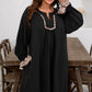 Black Plus Size Notched Neck Leopard Trim Flounce Long Sleeve Shift Dress