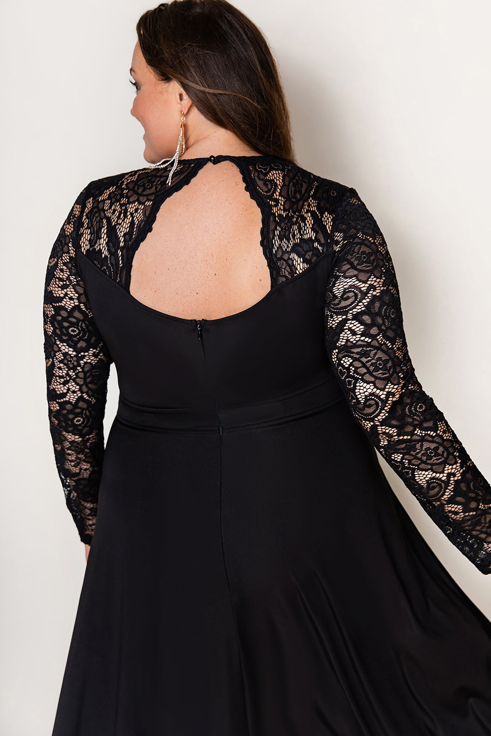 Black Plus Size High-Low Lace Contrast Evening Dress