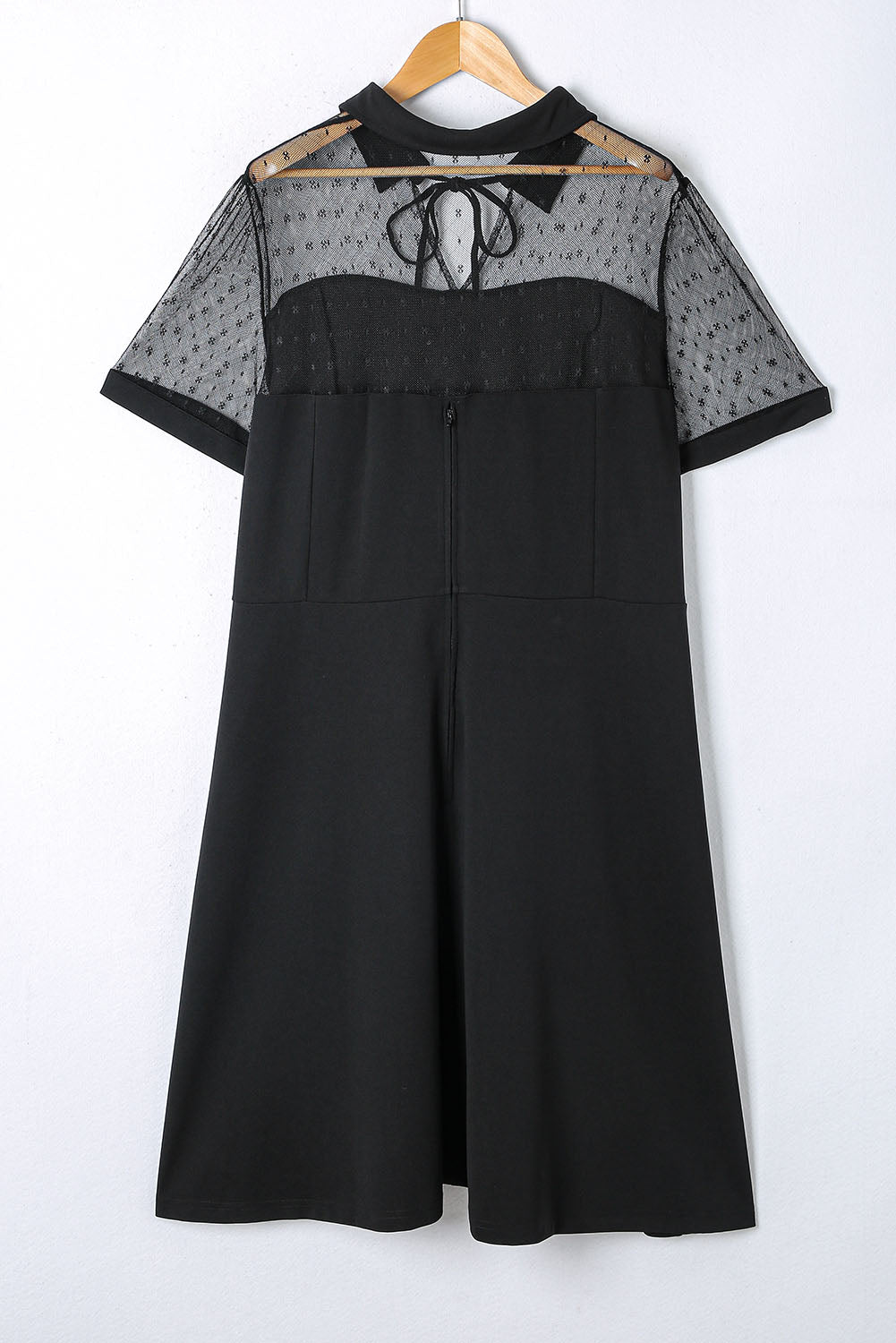 Black Plus Size Collared Mesh Yoke Fit Flare Dress