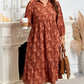 Cinnamon Plus Size Textured 3D Flower Pattern Ruffle Hem 3/4 Sleeve Long Dress