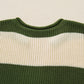 Green Stripe Colorblock Notched Neck Plus Size Sweater