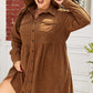 Camel Corduroy Full Buttoned Collared Shirt Style Plus Size Dress