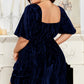 Navy Blue Velvet Ruched Bust Square Neck Short Puff Sleeve Plus Dress