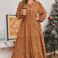 Brown Plus Size Floral Split V Neck Ruffled Sleeve Tiered Maxi Dress