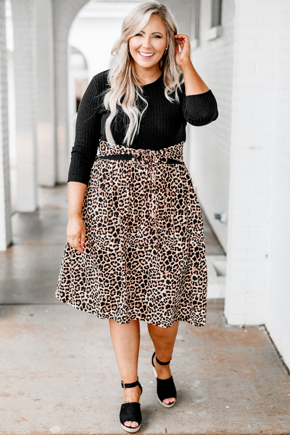 Black Ribbed Knit Leopard Plus Size Midi Dress