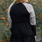 Black Plus Size Striped Leopard Patch Sleeve Ruffle Tiered Dress