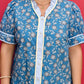 Blue Plus Size Floral Print Striped Patchwork Detail Button Front Ruffle Hem Dress