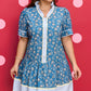 Blue Plus Size Floral Print Striped Patchwork Detail Button Front Ruffle Hem Dress