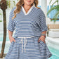 Blue Stripe Short Sleeve Collared V Neck Top Plus Size Short Set