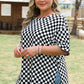 Black Checkered Print Side Slits O Neck Plus Size T Shirt