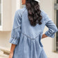 Light Blue Ruffled 3/4 Sleeve Buttoned Front Plus Size Denim Dress