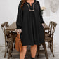 Black Plus Size Notched Neck Leopard Trim Flounce Long Sleeve Shift Dress