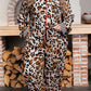 Khaki Plus Leopard Print Contrast Piping Striped Patchwork 2pcs Long Pajama Set