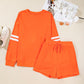 Orange Plus Size Varsity Striped Drop Shoulder Pullover Drawstring Elastic Waistband Short Set