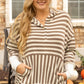 Brown Stripe Quarter Buttons Drop Sleeve Plus Size Hoodie