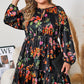 Black Plus Size Floral Print Tie Neck Cinched Waist Long Sleeve Mini Dress