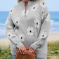 Gray Plus Size Embroidered Floral Pattern Half Zip Sweater