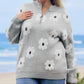 Gray Plus Size Embroidered Floral Pattern Half Zip Sweater