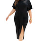 Black Side Split High Waist Short Sleeve Plus Size Maxi Dress