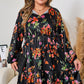 Black Plus Size Floral Print Tie Neck Cinched Waist Long Sleeve Mini Dress