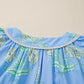 Sky Blue Plus Periwinkle Floral Printed Short Sleeve Striped Trim Split Neck Mini Dress