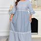Sky Blue Stripe Crisscross Lace Detail Mixed Striped Patchwork Plus Size Shift Long Dress