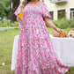 Pink Plus Size Floral Print Smocked Puff Sleeve Dress