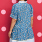 Blue Plus Size Floral Print Striped Patchwork Detail Button Front Ruffle Hem Dress