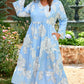 Sky Blue Floral Bracelet Sleeve V Neck Plus Size Tiered Maxi Dress