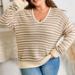 Khaki Stripe Plus Size V Neck Drop Shoulder Sweater