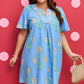 Sky Blue Plus Periwinkle Floral Printed Short Sleeve Striped Trim Split Neck Mini Dress