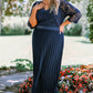 Blue Lace Scalloped V Neck 3/4 Sleeves Pleated Tulle Plus Maxi Dress