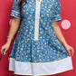 Blue Plus Size Floral Print Striped Patchwork Detail Button Front Ruffle Hem Dress