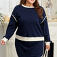Navy Blue Plus Color Block Drop Shoulder Top and Lace-up Skirt Outfit
