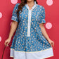Blue Plus Size Floral Print Striped Patchwork Detail Button Front Ruffle Hem Dress