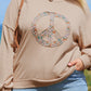 Pale Khaki Floral Peace Sign Graphic Washed Terry Plus Size Sweatshirt