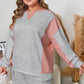 Light Grey Uneven Hem Colorblock Pullover Casual Shorts Plus Size 2pcs Outfit