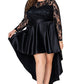 Black Plus Size Sheer Lace Splice High Low Satin Dress