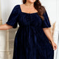 Navy Blue Velvet Ruched Bust Square Neck Short Puff Sleeve Plus Dress