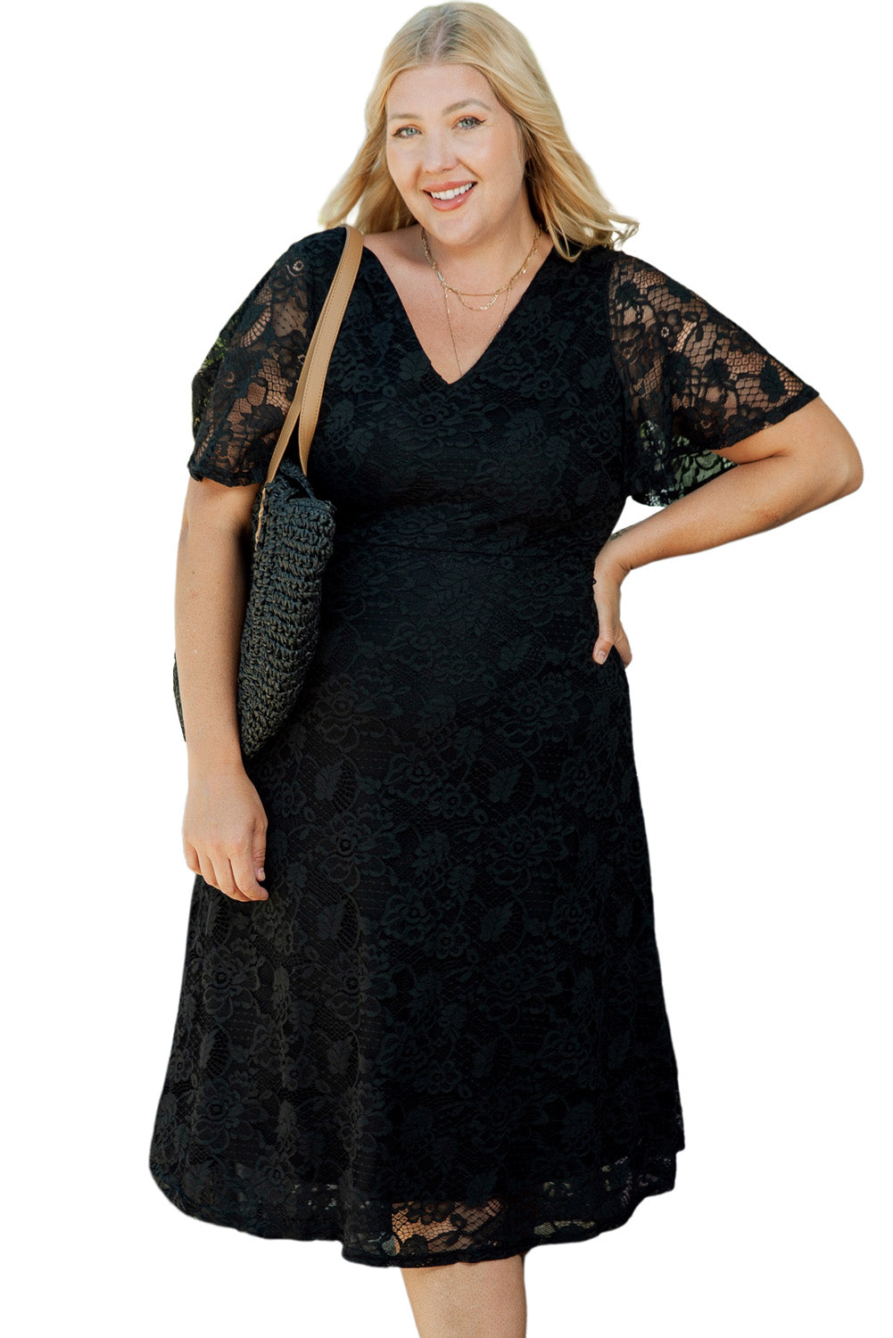 Black Plus Size Lace Flutter Sleeves Flare Midi Dress