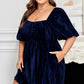 Navy Blue Velvet Ruched Bust Square Neck Short Puff Sleeve Plus Dress