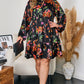 Black Plus Size Floral Print Tie Neck Cinched Waist Long Sleeve Mini Dress