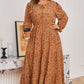Brown Plus Size Floral Split V Neck Ruffled Sleeve Tiered Maxi Dress